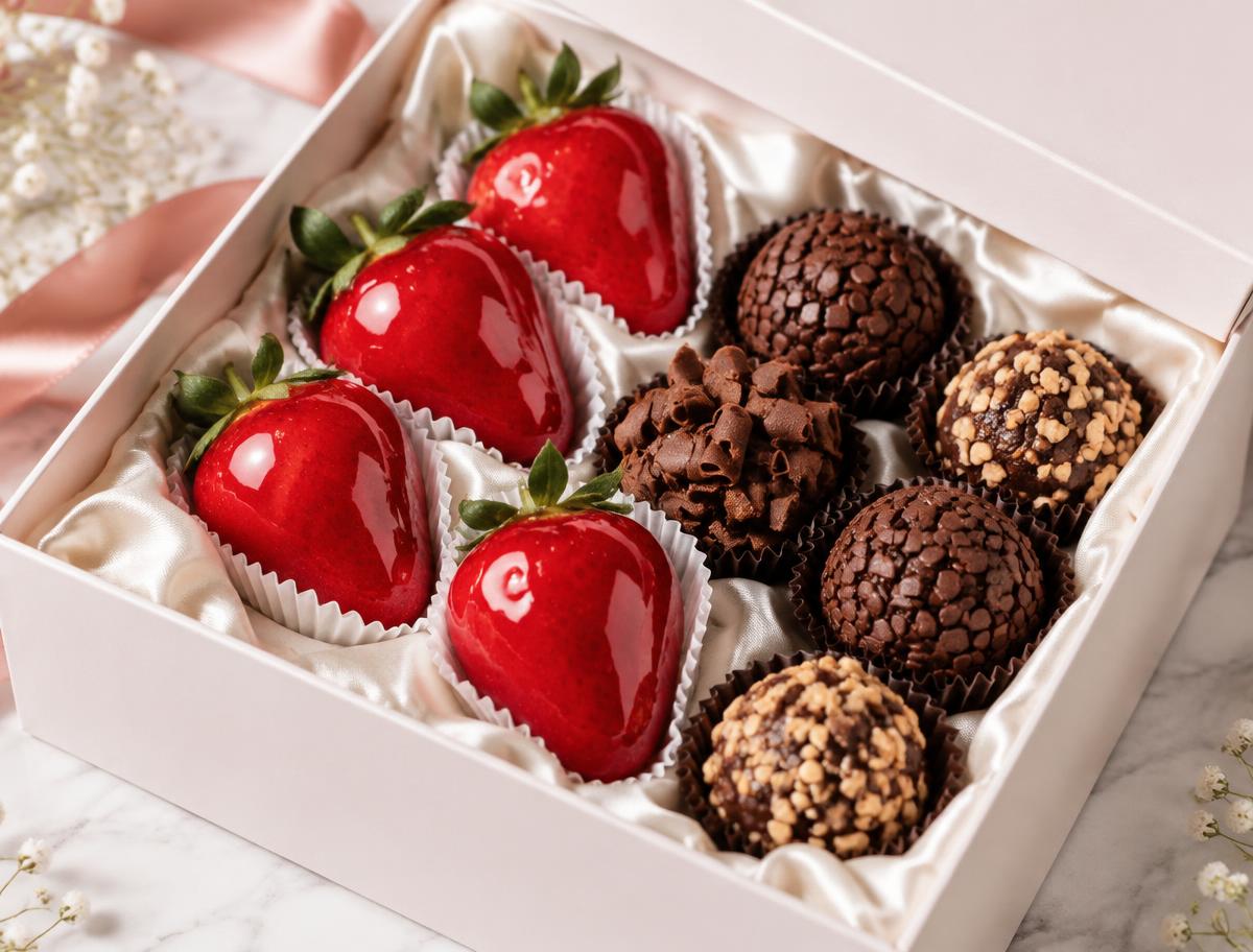 Caixa presenteável com Morangos do Amor e brigadeiros