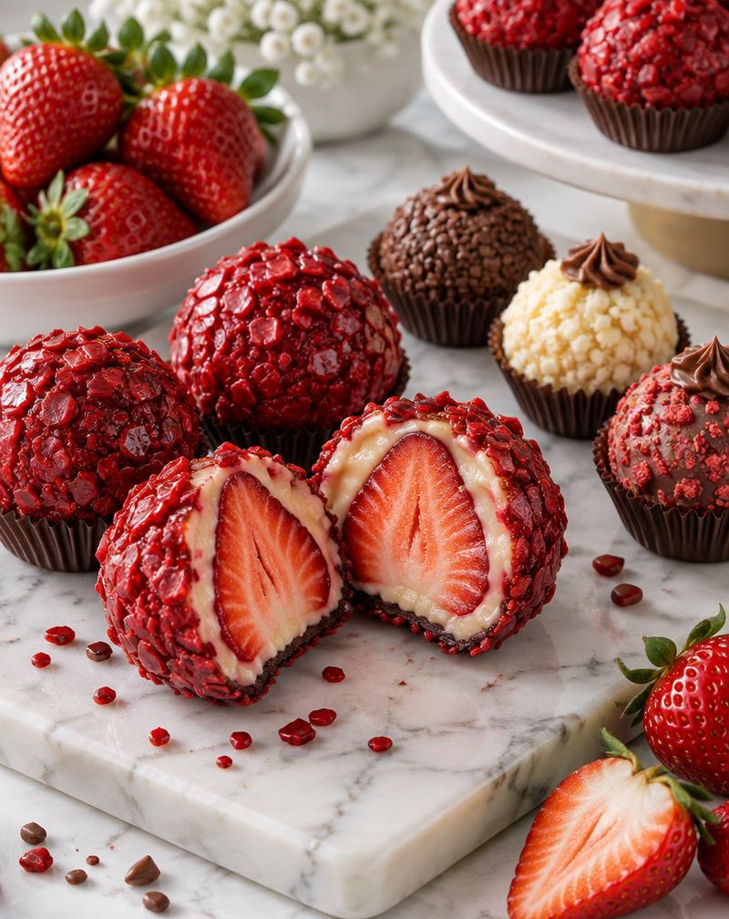 Morangos cravejados e brigadeiros gourmet